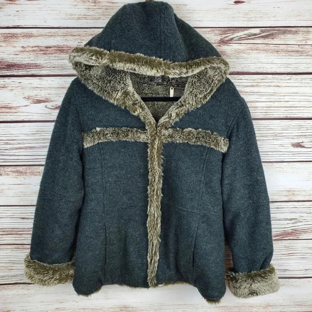 Athleta Womens Small Wool Blend Faux Fur Lined Hooded Coat Gray